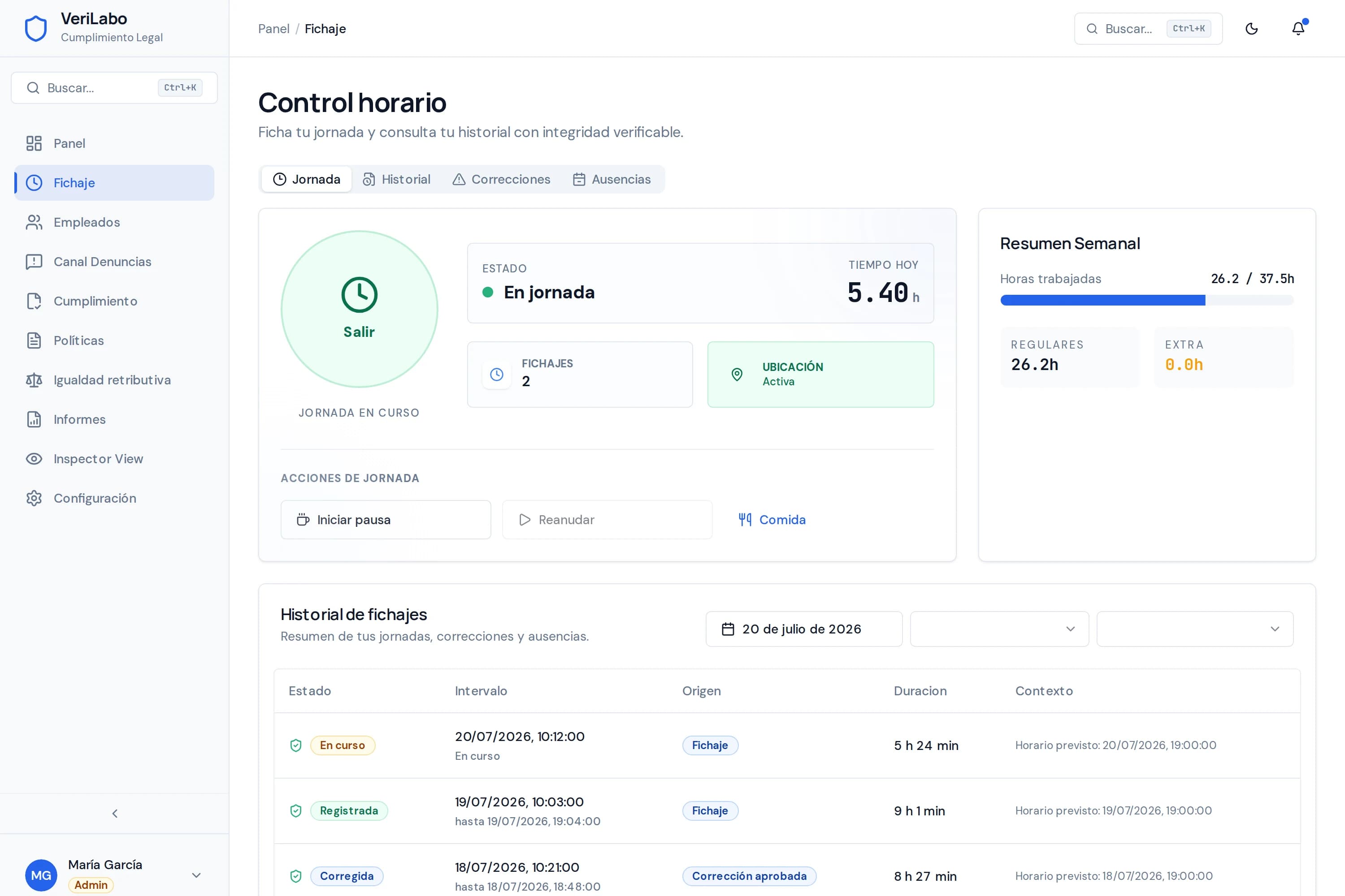 Módulo real de control horario de VeriLabo con jornada en curso, resumen semanal e historial de fichajes